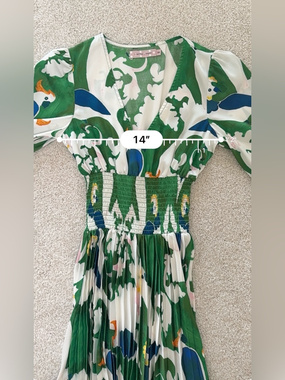 Traffic People Green, White & Blue V-Neck Long Sleeve Floral Pleated Dress - Picture 9 of 14